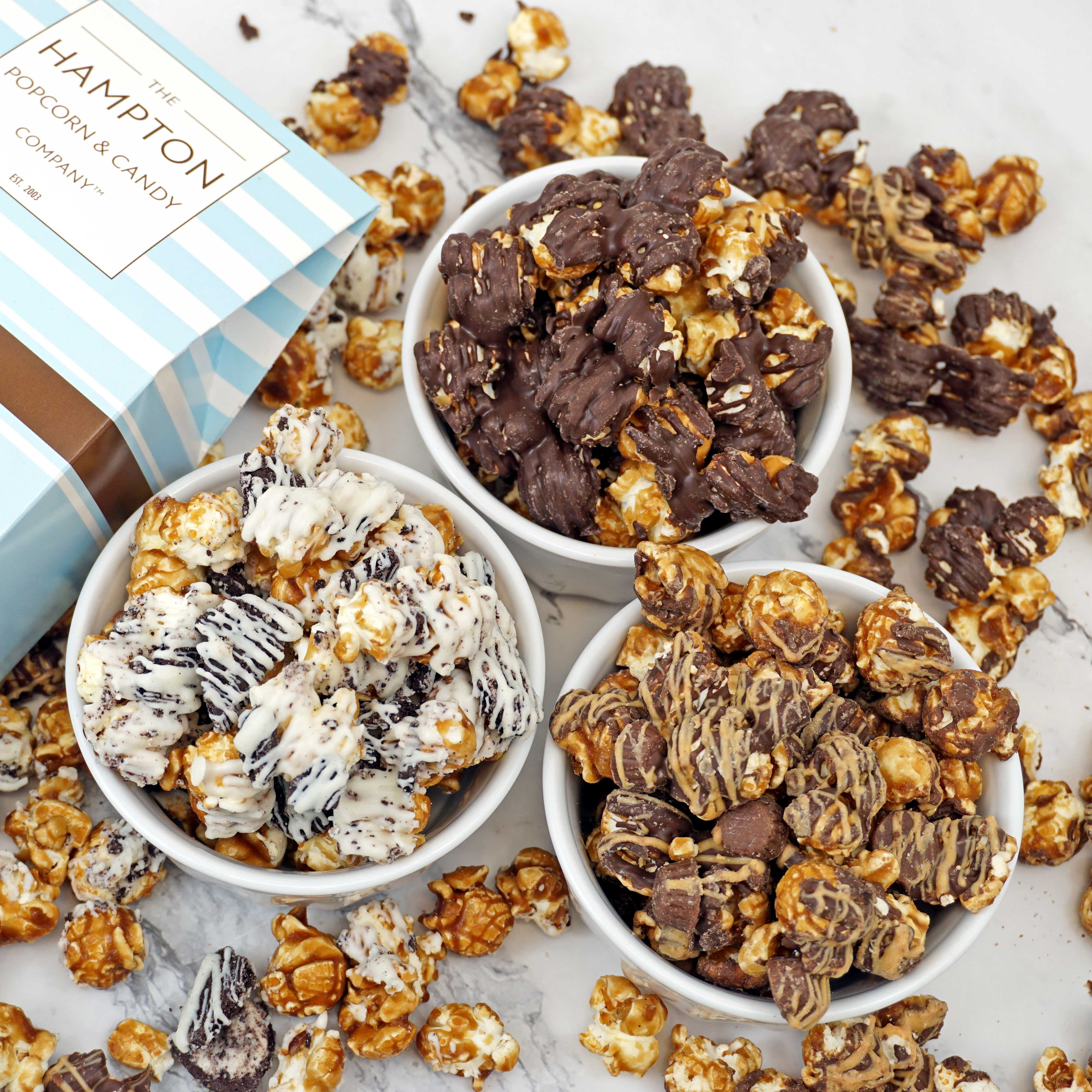 3 Flavor Gourmet Popcorn Indulgent Gift Pack: Chocolate Caramel Sea Salt, Cookies & Cream, Peanut Butter Cup Popcorn, The Hampton Popcorn & Candy Company (3 Pack)
