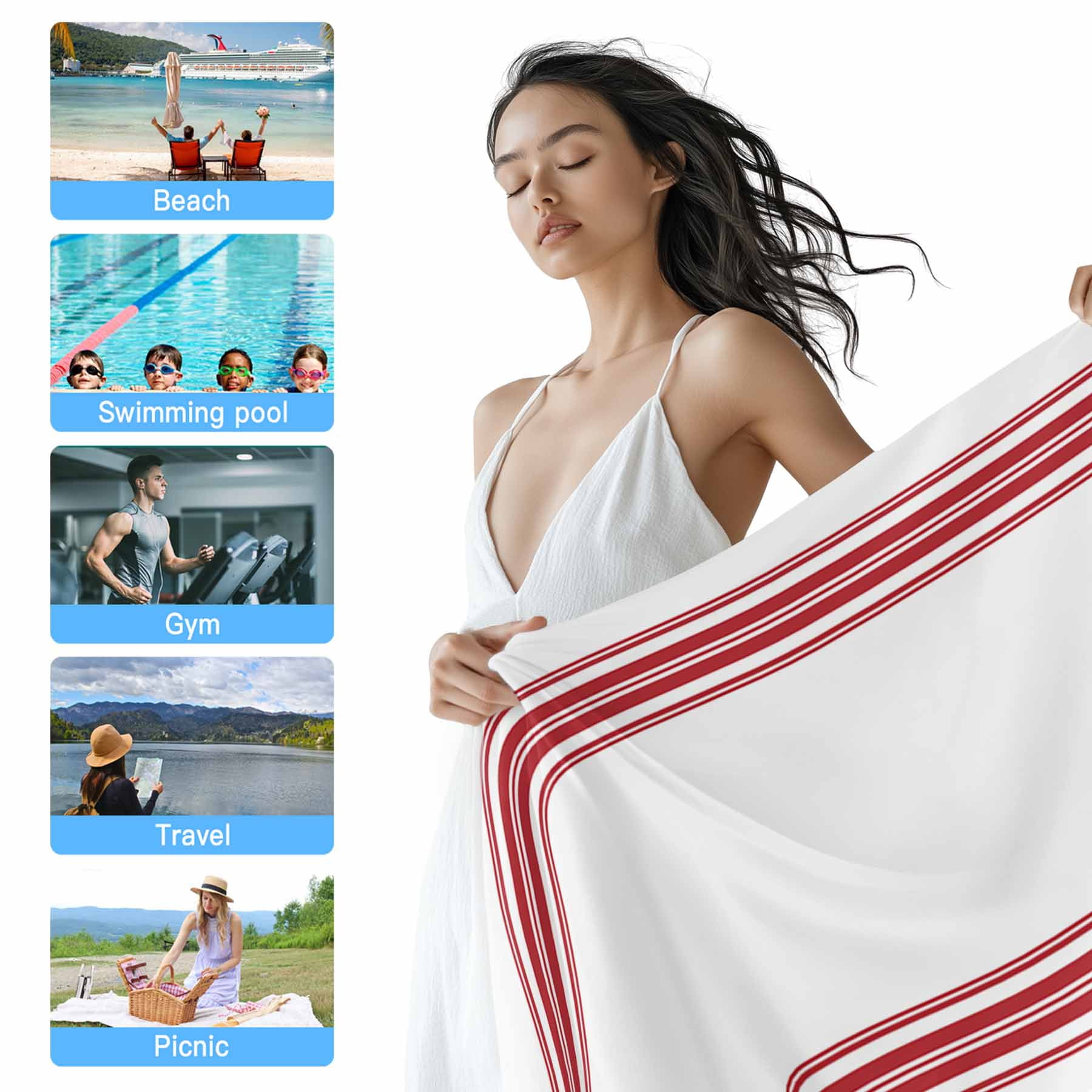 Beach Towel Red Ticking Vertically Stripe Bath Pool Towels Simple Style White Absorbent Beach Towel Soft Large Quick Dry Lightweight Camping Travel Sports Yoga Gym Swim Towels for Adult 35x70 Inch