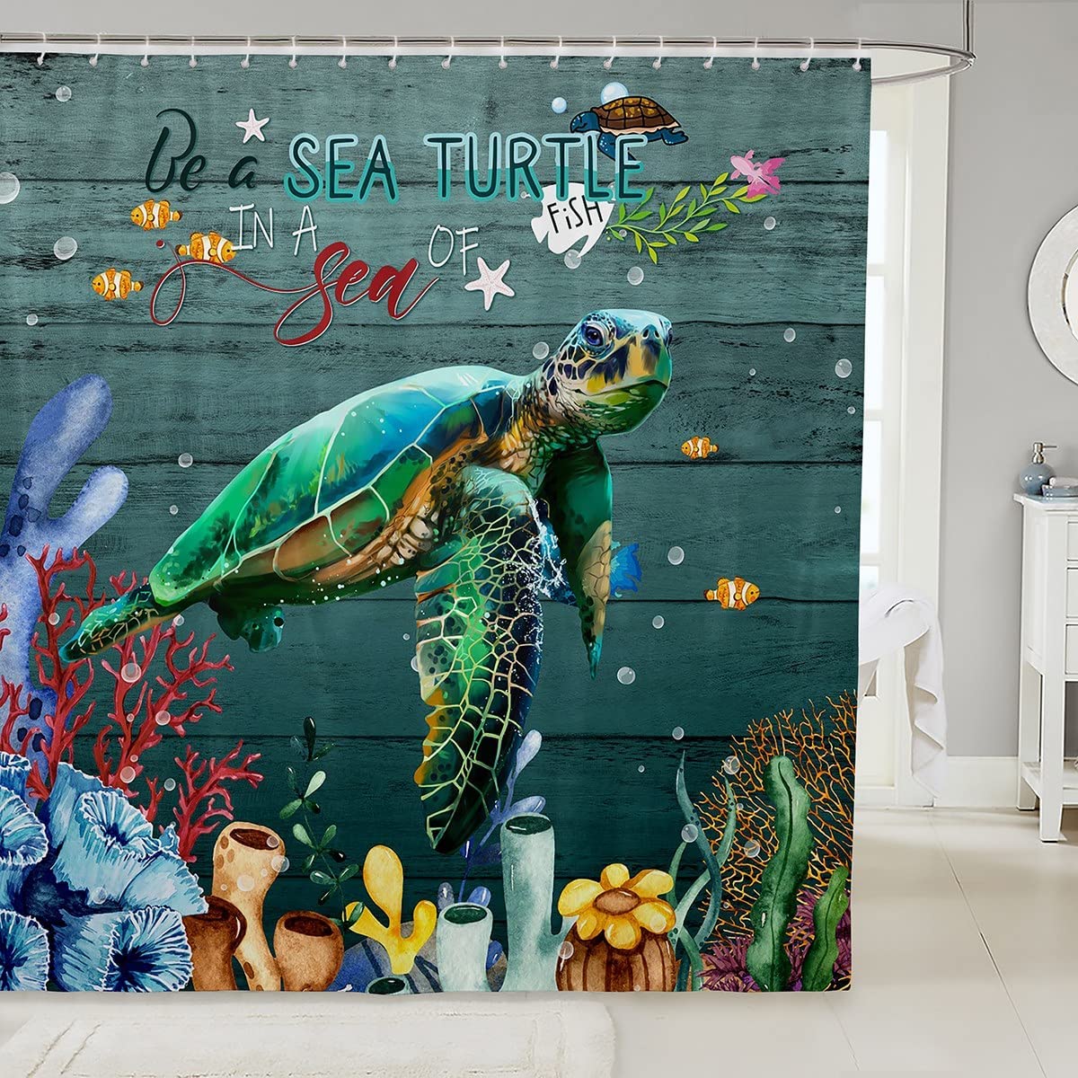 Sea Turtle Shower Curtain Set Underwater World Fish Sealife Bathroom