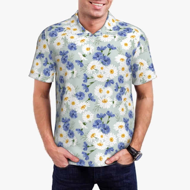 Balery Daisies Flowers Camisa Polo de Hombre con Estampado, de Manga Corta y Tejido Medio, Camisa Tipo Golf Polo-Large