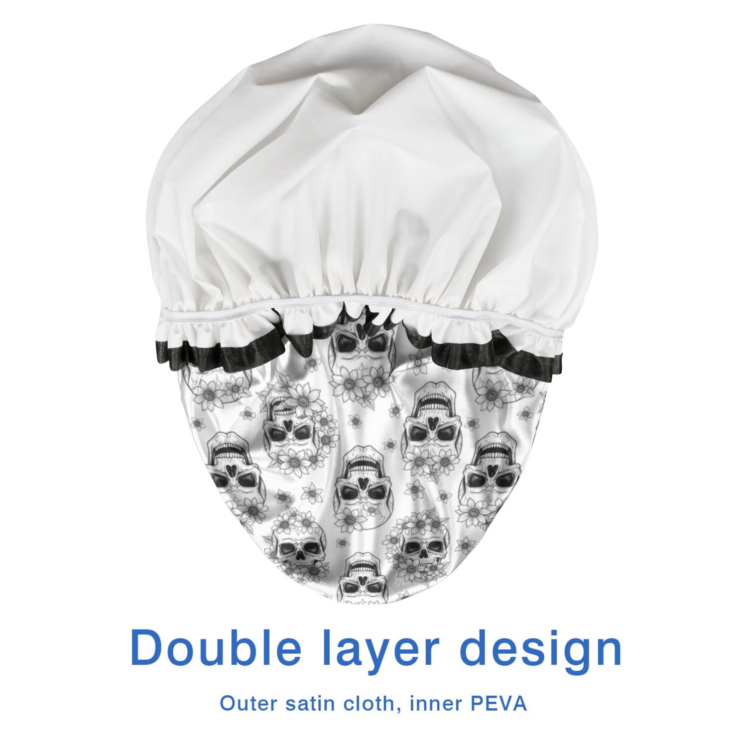 Shower Caps,White Floral Skull Pattern Waterproof Shower Cap for Women 4 Pieces,Double Reusable Hair Cover for Shower PEVA Elastic Stretch Hem