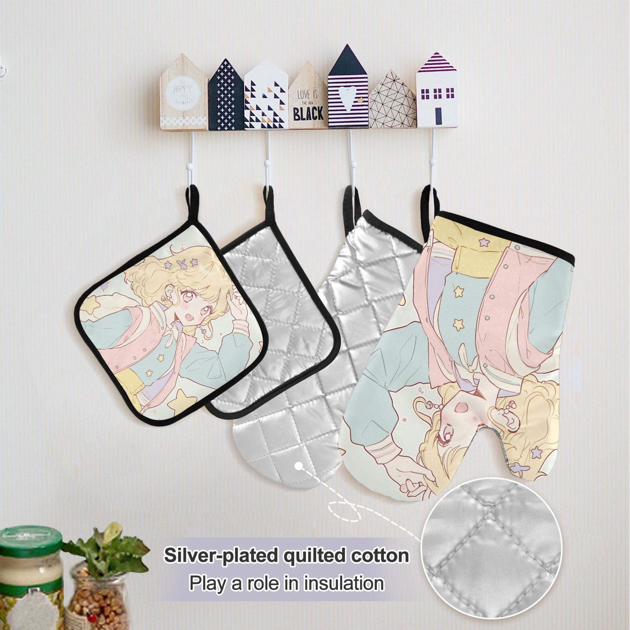 Cute Anime Schoolgirl 5 Pcs Kitchen Set Heat Resistant Oven Mitts and Non-Slip Pot Holders with Adjustable Cooking Apron