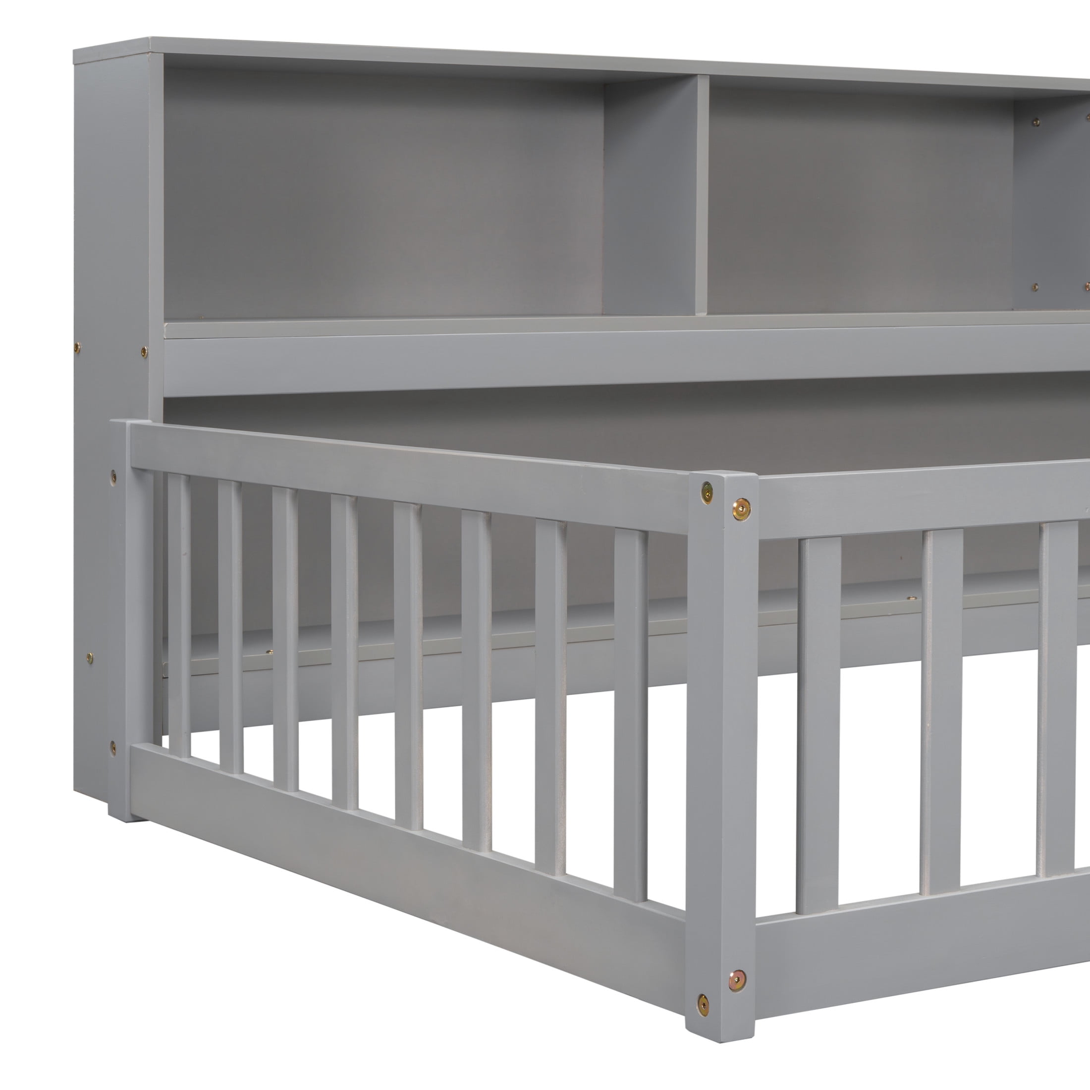 Noble House Lester Twin Size Floor Bed, Pine Wood Frame with Side Bookcase, Shelves, and Guardrails for Kids, Grey