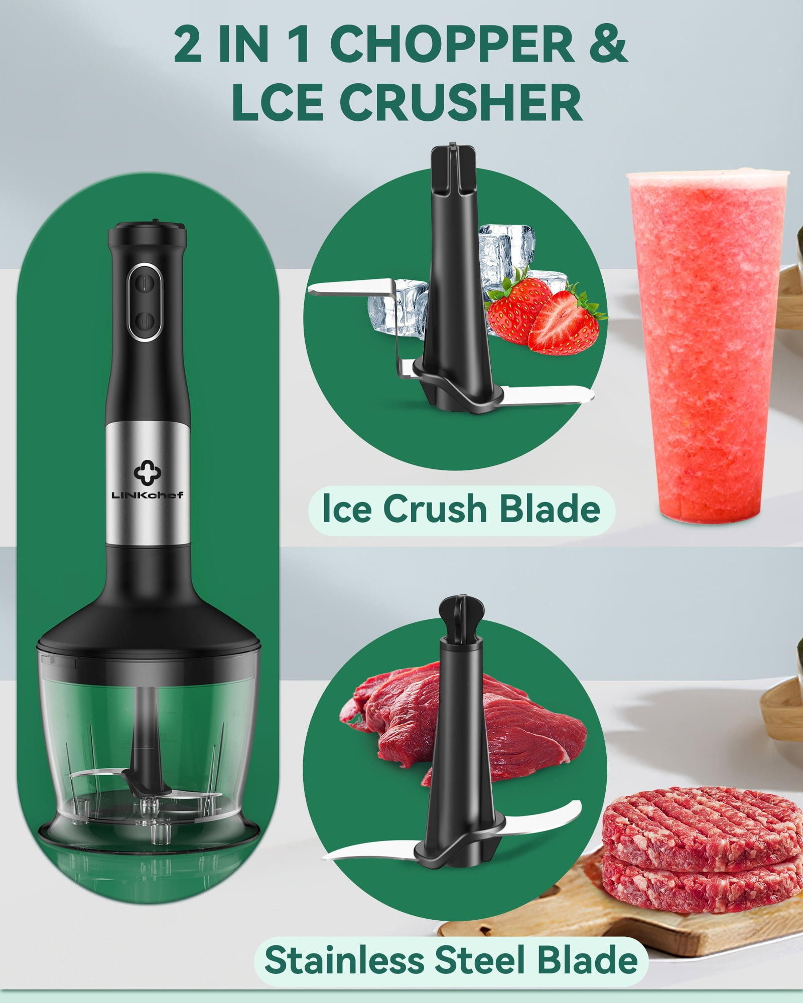 Immersion Blender, LINKChef 20-Speed 7-in-1 Hand Blender with Storage Bracket, Stick Blender with 304 Stainless Steel Blades, 600ml Beaker (Black)