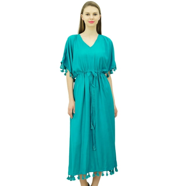 Bimba Robe Kaftan à Franges pour Femme, Manches Kimono, Longue Maxi, Couvre-Maillot