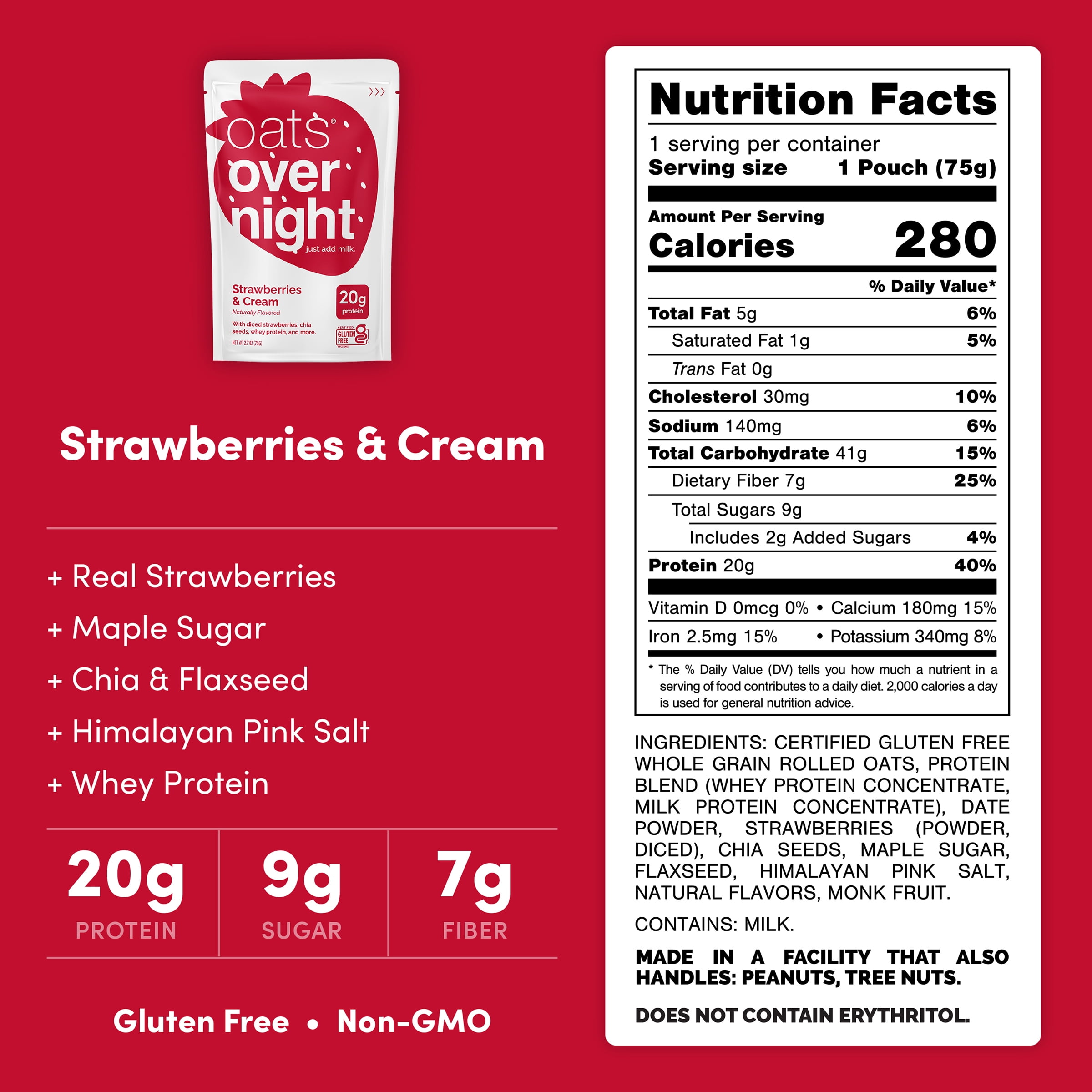 Oats Overnight Strawberries & Cream, High-Protein Oatmeal Shakes, 2.6oz, 1 pouch