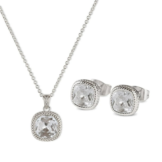 Set de Joyería para Mujer Oro 14k o Plata con Zirconia Cúbica LuckyLy, Juego de Collar y Aretes Mujer, Modelo Cleo Azul plateado UNITALLA
