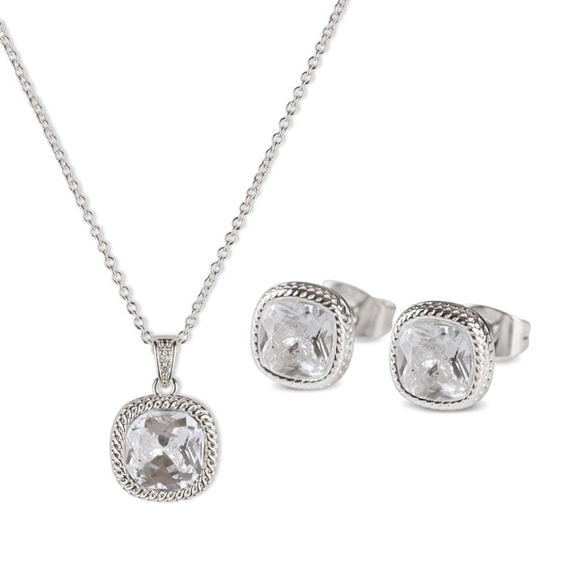 Set de Joyería para Mujer Oro 14k o Plata con Zirconia Cúbica LuckyLy, Juego de Collar y Aretes Mujer, Modelo Cleo Azul plateado UNITALLA