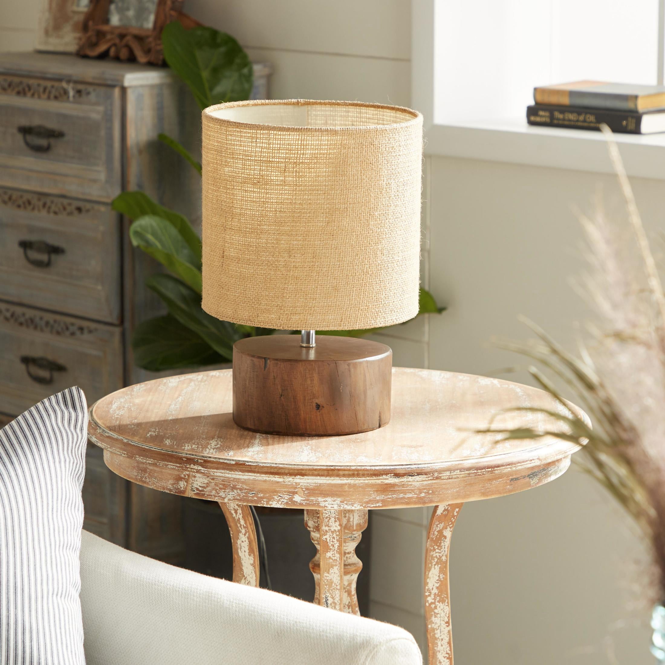 DecMode 14" Low Profile Dark Brown Table Lamp with Brown Linen Shade