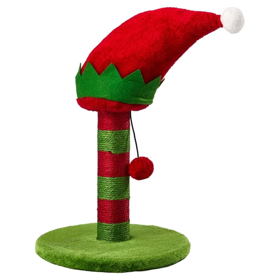 Vibrant Life Holiday Elf Hat Cat Scratch Post with Ball Toy, Red and Green, 11.81" x 11.81" x 19.69"