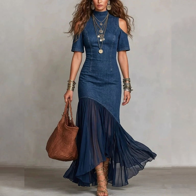 slimming dress styles for short ladies ZPWKLM Summer Dresses for Women Casual Off Shoulder Slimming Short Sleeve French Flowy Dress Party Dress, Women's, Size: Large, Blue