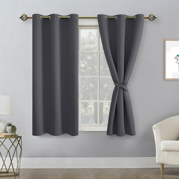 Hiasan Short Blackout Curtains for Bedroom - Thermal Insulated & Light Blocking Window Curtains for Living Room, 2 Drape Panels Sewn with Tiebacks, Dark Grey, 42 x 45 Inch