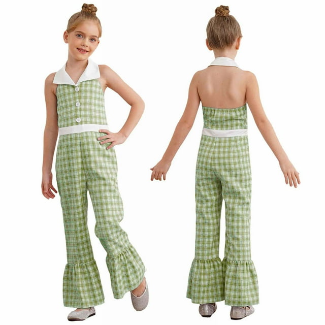 Aislor Girl's One Piece Summer Outfit Plaid Romper Sleeveless Playsuit Ruffled Jumpsuit Pants Green 8