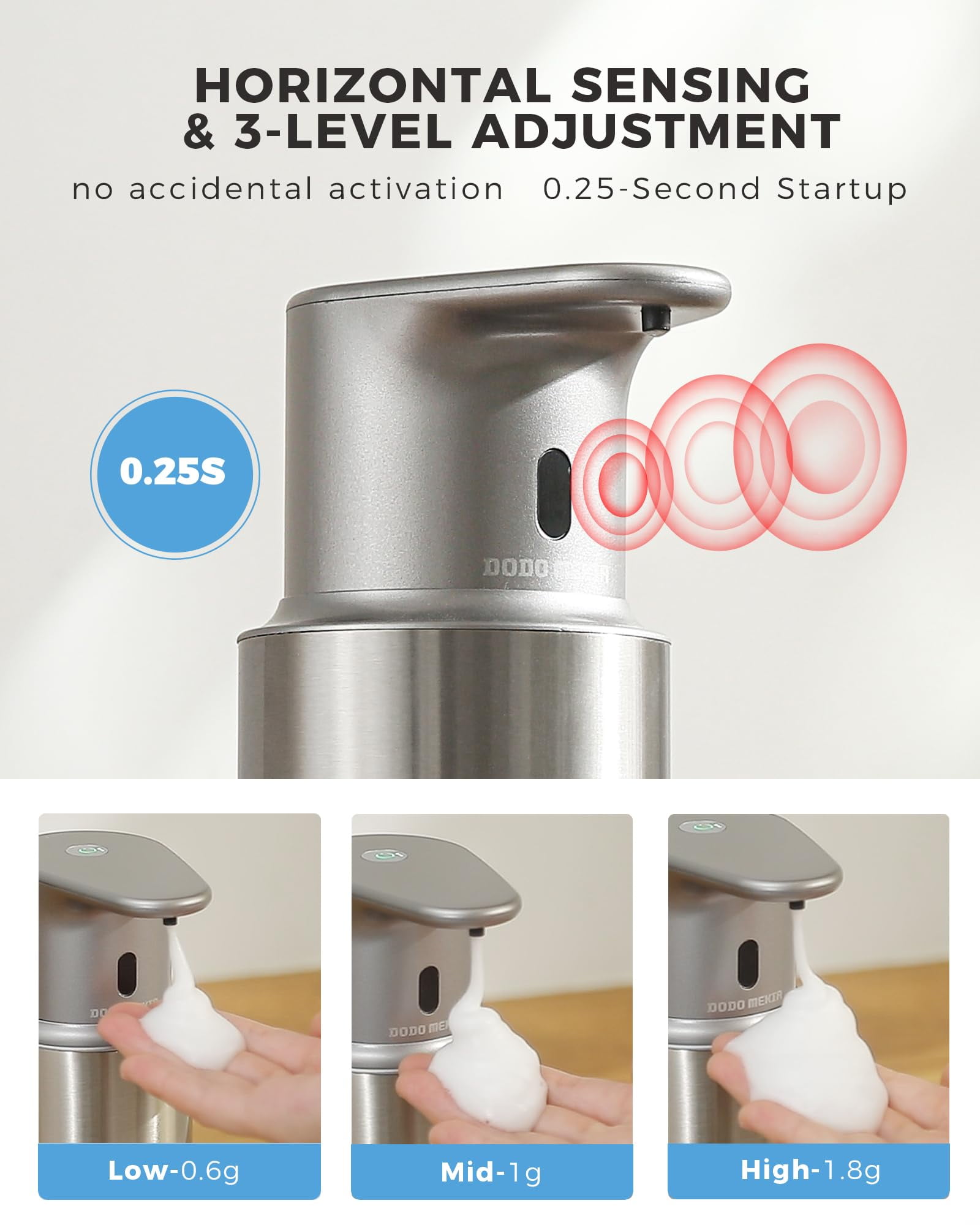 DODO MEKIA Automatic Liquid Soap Dispenser Touchless, 16.2oz/480ml Rechargeable, 3 Adjustable Liquid Levels, IPX5 Waterproof, for Kitchen Bathroom, Stainless Steel