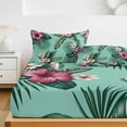 thumbnail image 6 of Cal.King Size Fitted Sheet Set - Tropical 3 Piece Bedding Sets 16" Deep Pocket Fitted Sheet with 2 Pillowcases, Pink Floral Green Palm Leaf Aqua Watercolor Brushed Microfiber Hotel Luxury Bed Sheets, 6 of 9