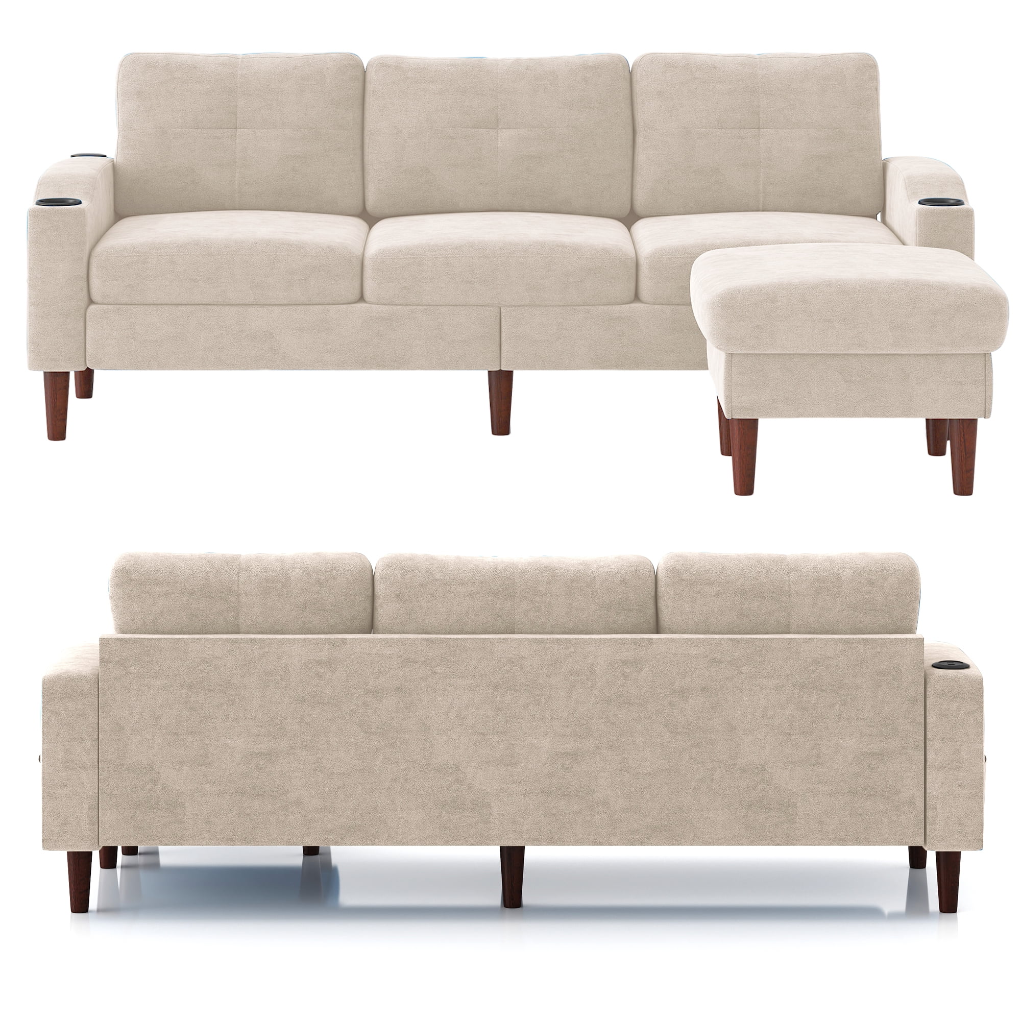 Aukfa L Shaped Sectional Sofa with USB Ports and Cup Holders, 78" 3 Seater Couch with Storage Ottoman, Beige