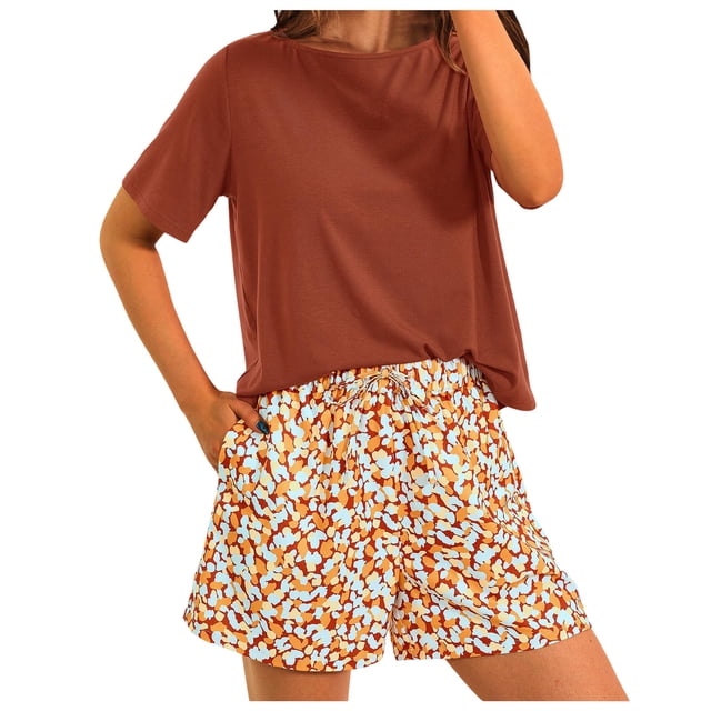 Ensemble de Détente pour Femmes, Hauts à Manches Courtes pour Femmes, Blouse à Manches Courtes Imprimée à Col Rond pour Femme à la Mode + Shorts à Taille Élastique avec Poches Ensembles de Détente