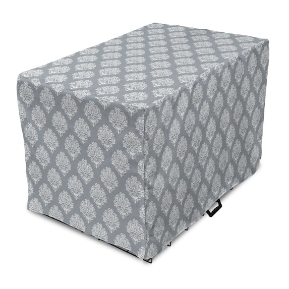 Damask Grey Dog Crate Cover, Vintage Pattern with Repeating Floral Rococo Motif Print, Easy to Use Pet Kennel Cover Small Dogs Puppies Kittens, 7 Sizes, Blue Grey and Pale Taupe, by Ambesonne