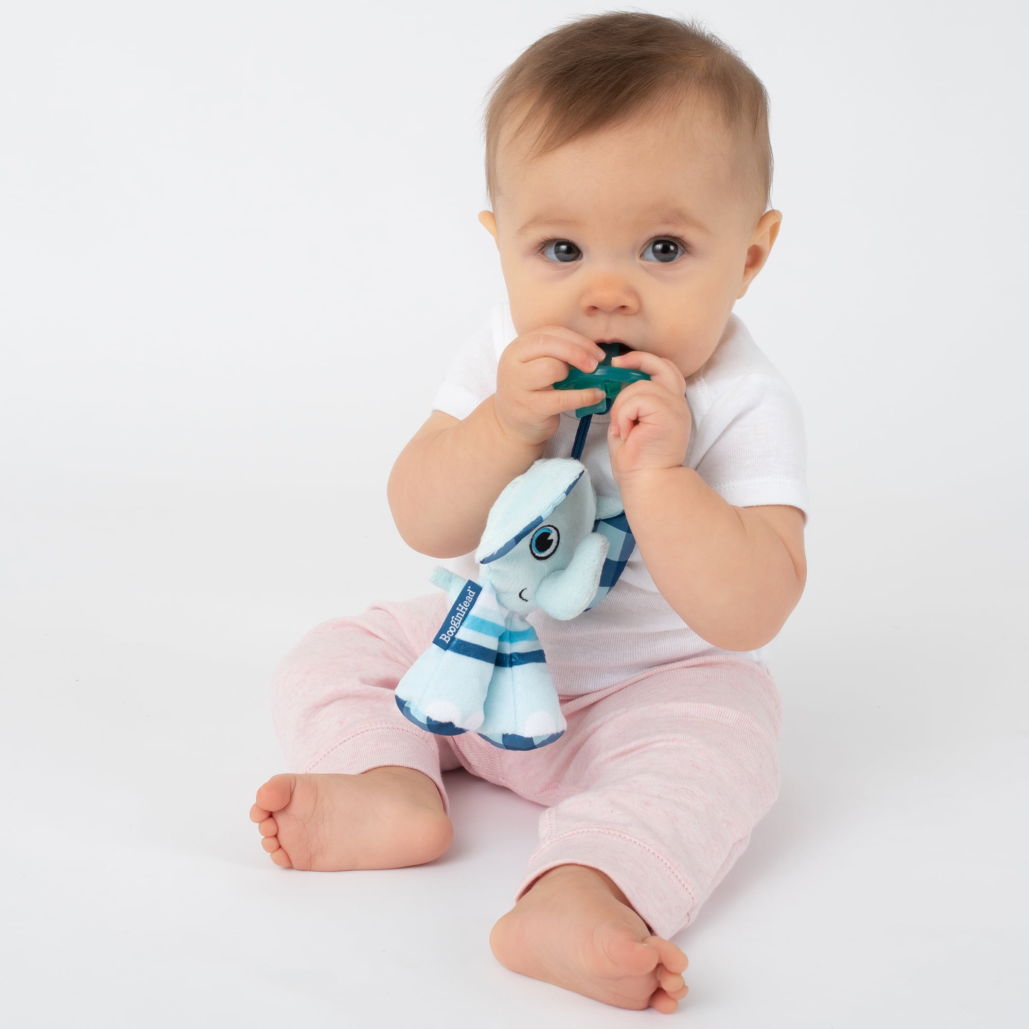 BooginHead Universal Pacifier Holder Stuffed Animal, Infant Toddler Boys and Girls, Blue Elephant