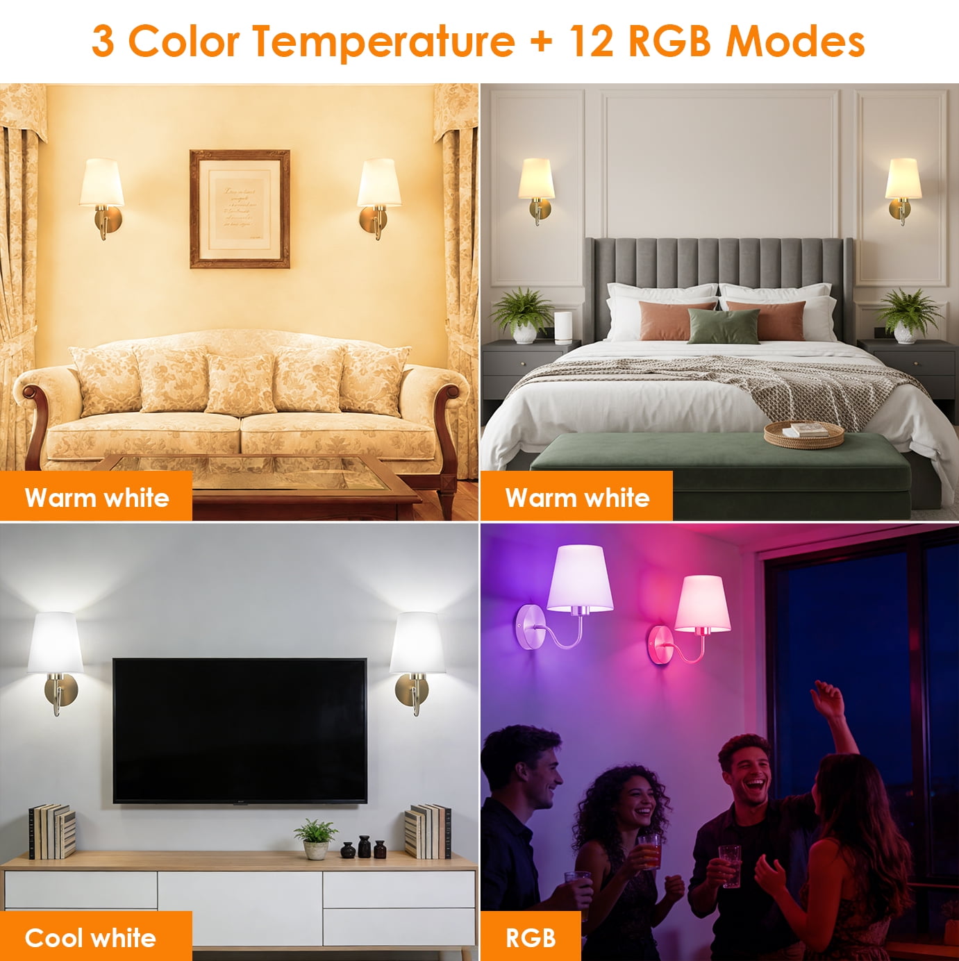 DAYBETTER Battery Operated Wall Sconces Set of 2, 3 ColorTems & RGB Cordless Rechargeable Warm Lights with Remote Control for Home Decor