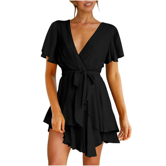 USSUMA Dresses For Women Party Casual,Women's Summer Dress Deep V-Neck Short Sleeve Waist Tie Ruffle Mini Swing Skater Dresses