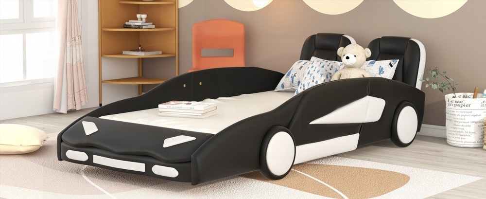 Race Car-Shaped Twin Size Platform Bed in Black Equipped with Wheels and Solid Construction