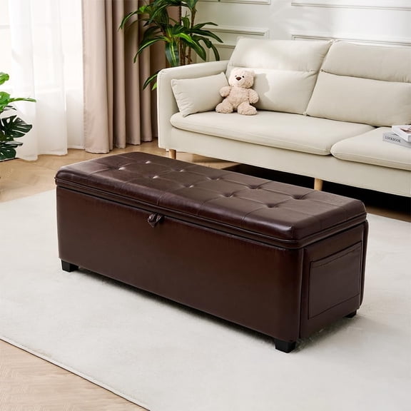 45 Inch Storage Ottoman Bench, Bench for Bedroom End of Bed, Ottoman with Storage for Living Room and Entryway (PU-Brown)
