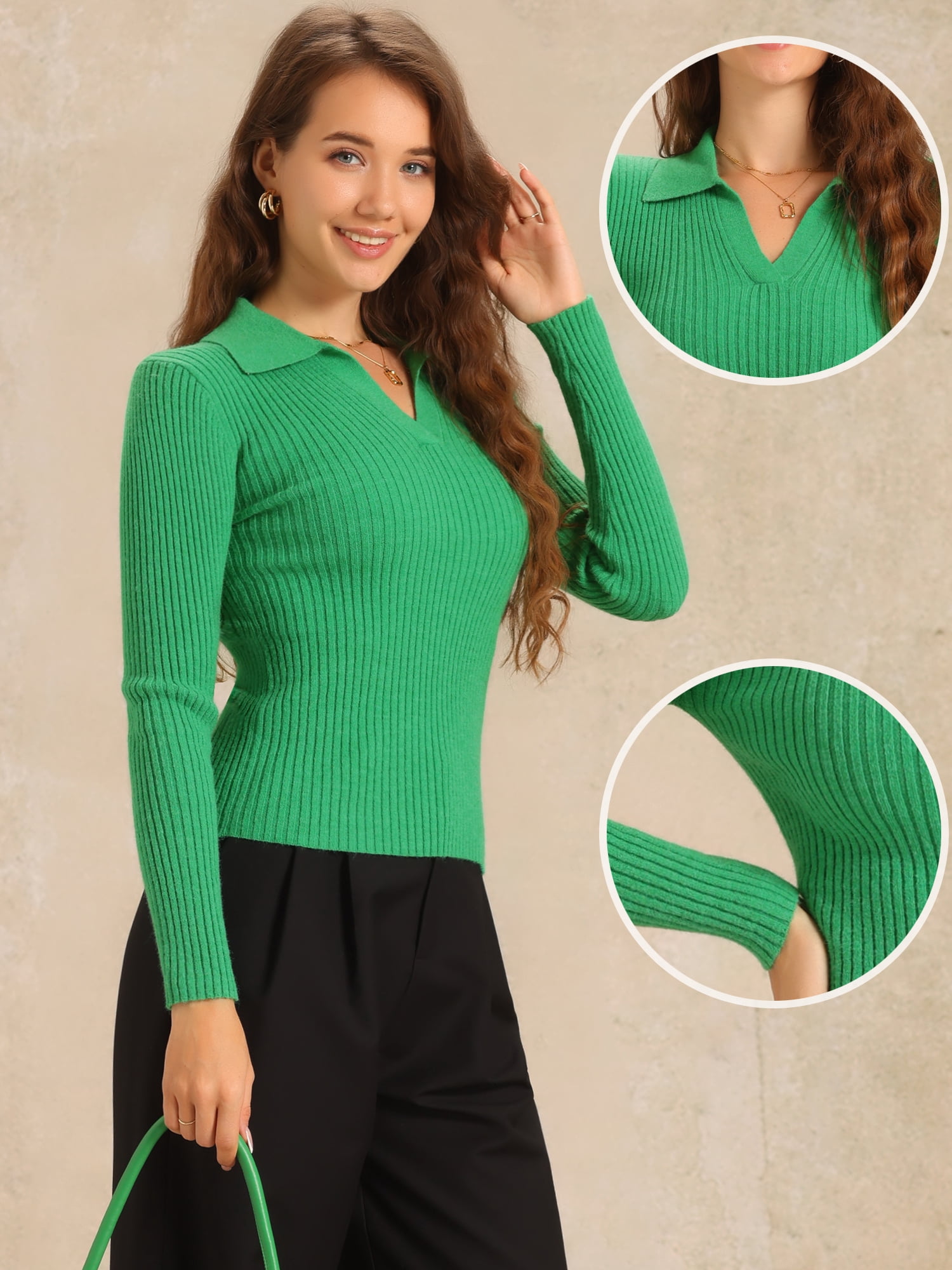 DARING DIVA Women's Collared Ribbed Knit Long Sleeve  Blouse XS Green