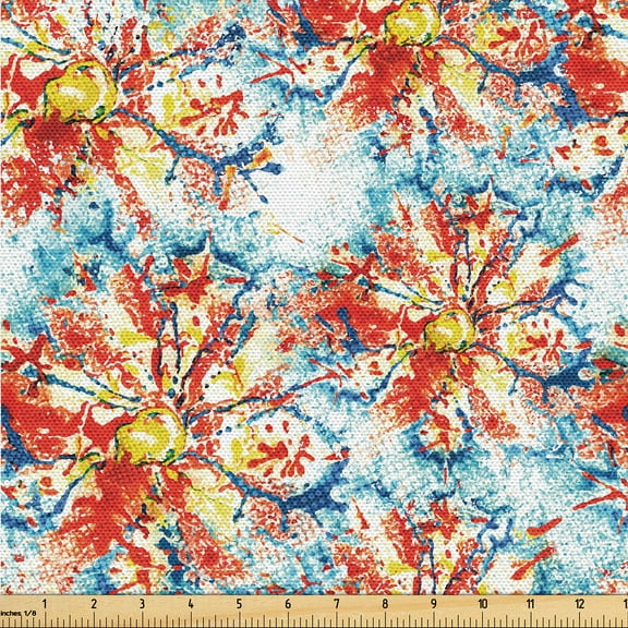 Ambesonne Floral Fabric by the Yard Upholstery, Grungy Blossoming Abstract, 1 Yard, Vermilion Blue Mustard