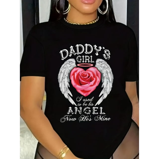 Women's Crew Neck T-Shirt with "Daddy'S Angel" Lettering and Love Wings Graphic, Casual Short Sleeve Top for All Seasons