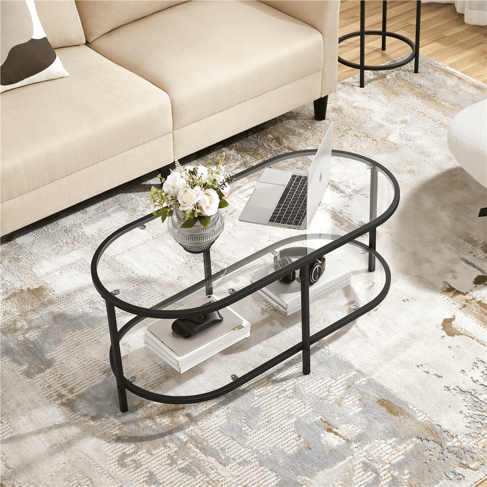 Yaheetech Modern 2-Layer Tempered Glass Oval Coffee Table, Black