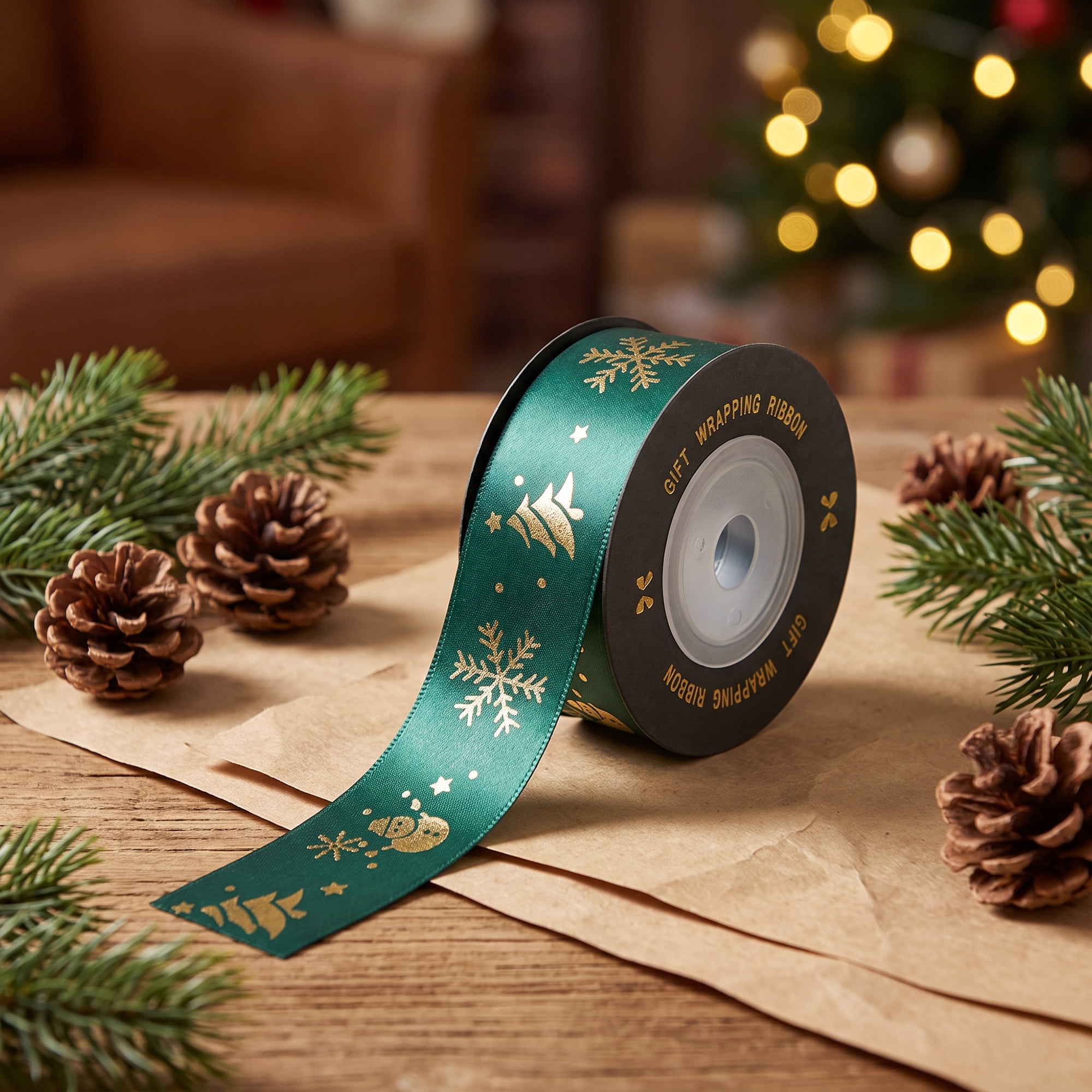 Unique Bargains Fabric Ribbon for Gift Wrapping Green Snowflake Pattern 5.5 Yard