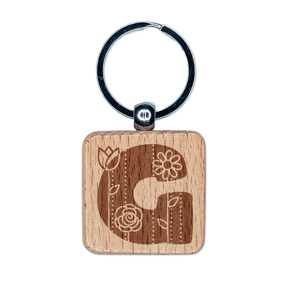 Sweet and Cute Flowers Rounded Block Letter G Square Keychain Charm Tag - Engraved Wood