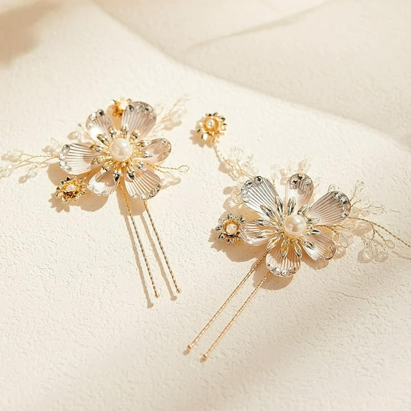 2Pcs Wedding Hair Pins Flower Bridal Hair Combs Rhinestones Bridal Hair Pieces for Bridesmaid Pearl Wedding Hair Accessories for Brides (Gold)