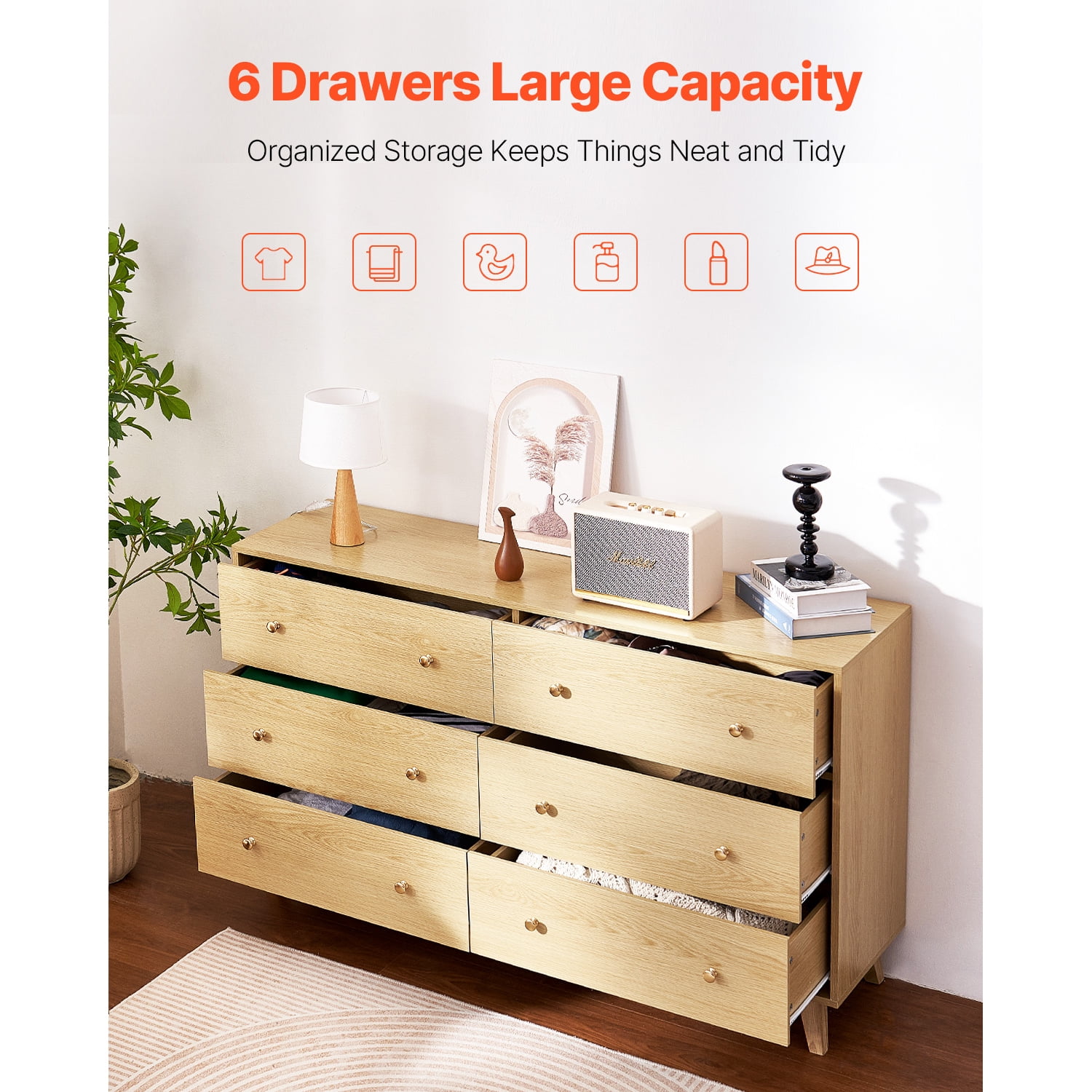 KFFKFF 6 Drawer Wooden Dresser, Chest of Drawers with Sliding Mechanism and Anti-Tip Safety, Modern Minimalist Storage Organizer for Bedroom, Living Room, Hallway, or Entryway, Light Wood Finish
