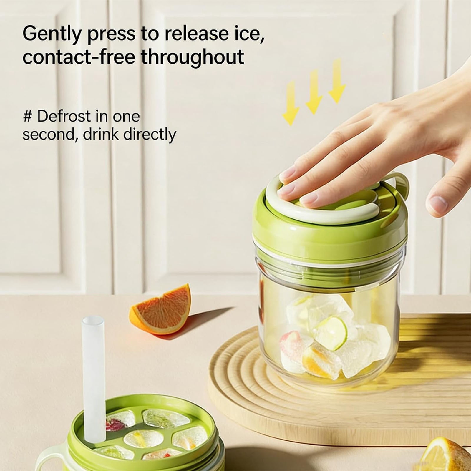 ZFSBZBS 3-in-1 Ice Cube Bottle with Straw - Easy Press Ice Tray Water Bottle, Leak Proof Lid, Vertical Ice Maker for Freezer, Travel, Gym & Home Use (Green, 500ml)