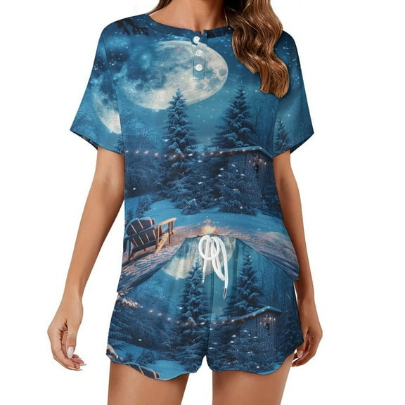 Christmas Snowman Snow House Women's Ruffle Short Sleeve Tops And Shorts Cute Peeps Bunny Pajamas Sets