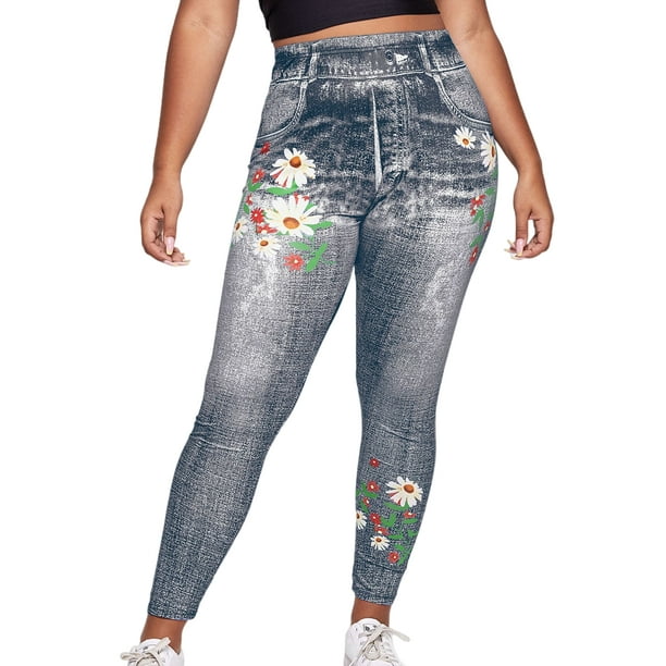 MAWCLOS Ladies Fake Jeans Tummy Control Faux Denim Pant Floral