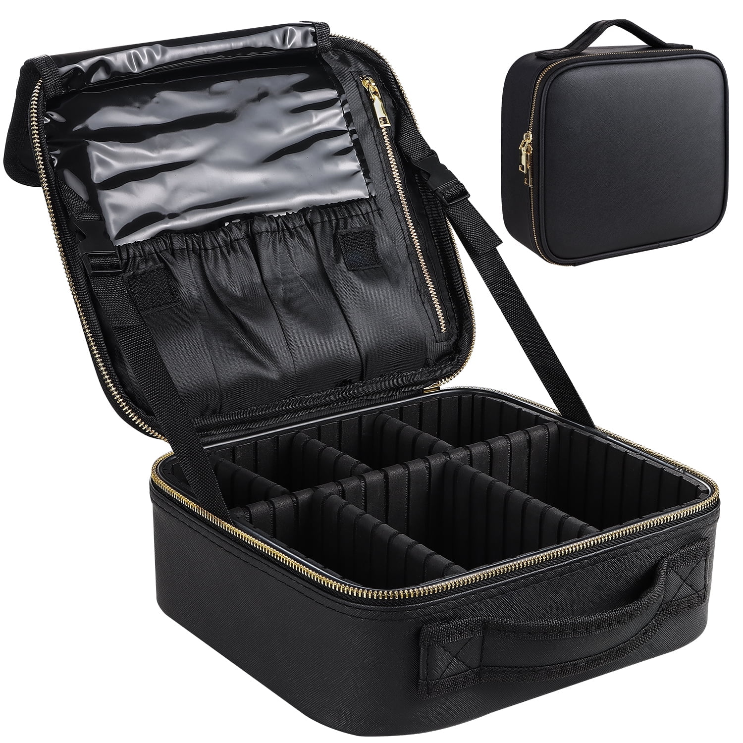Aofmee Makeup Bag for Women, Travel Bag Organizer Cosmetic Case with Adjustable Dividers Waterproof Shockproof Handbag, Black