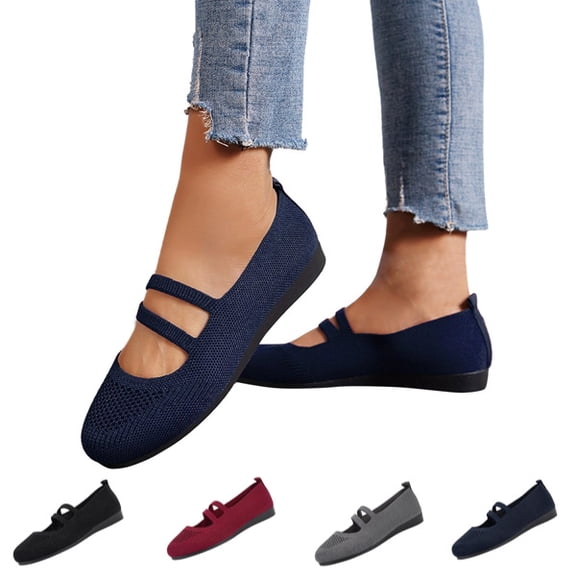 Women Mary Jane Flats Slip On Shoes Comfortable Knit Casual Ballerina Walking Dressy Office Womens Round Toe Mesh Breathable Lightweight Wide Width Dance Shoes,Navy,42