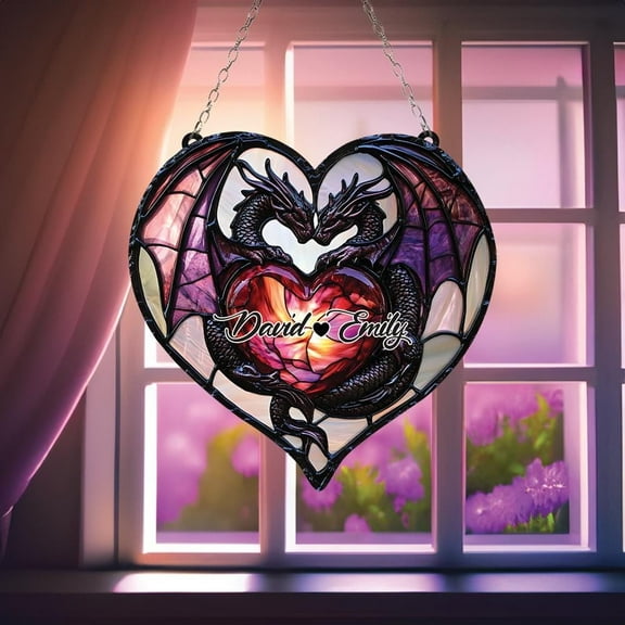 Personalized Dragon Heart Suncatcher, Custom Name Couple Window Hanging, Fantasy Love Gift for Him Her, Anniversary Decor Art