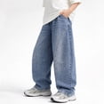 thumbnail image 2 of Duqingm Boy's Baggy Jeans Wide Leg Hip Hop Pants Irregular Sutures Loose Fit Trousers Streetwear (Blue,14-15 Years), 2 of 7