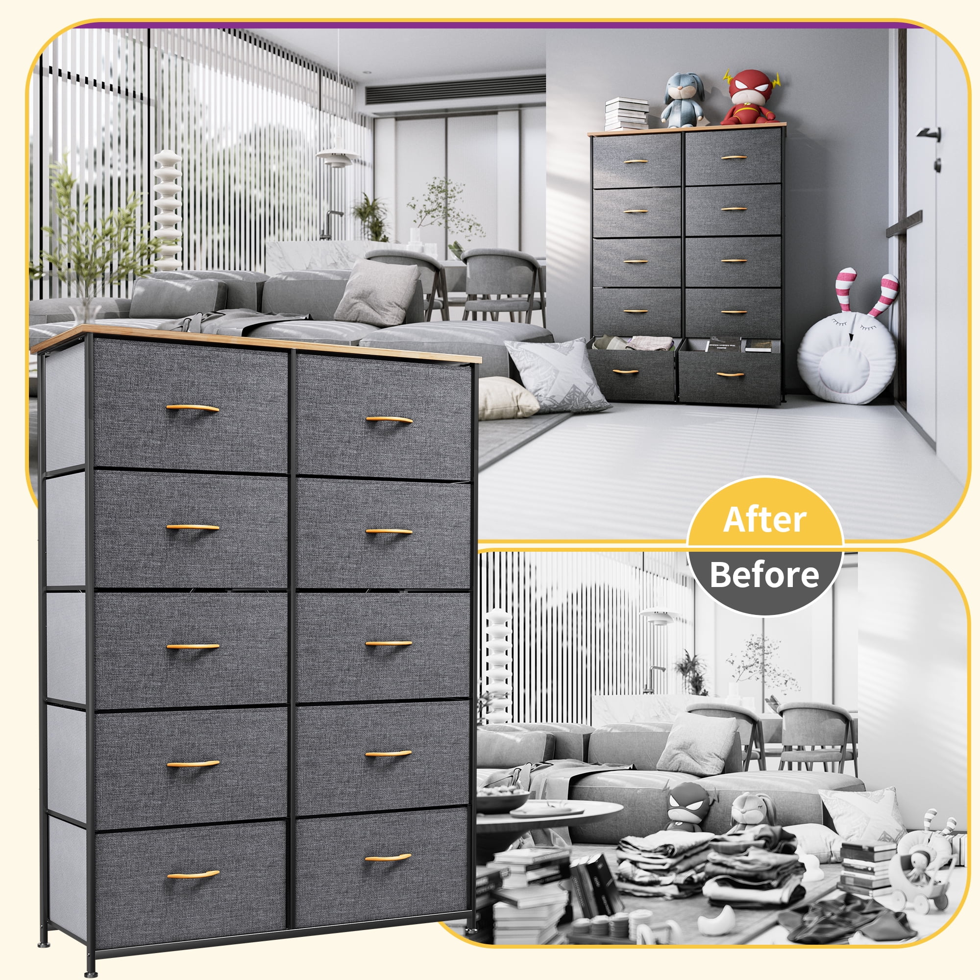 DEXTRUS 10-Drawer Fabric Dresser for Adults, Storage Tower & Bedside Organizer, Dark Grey