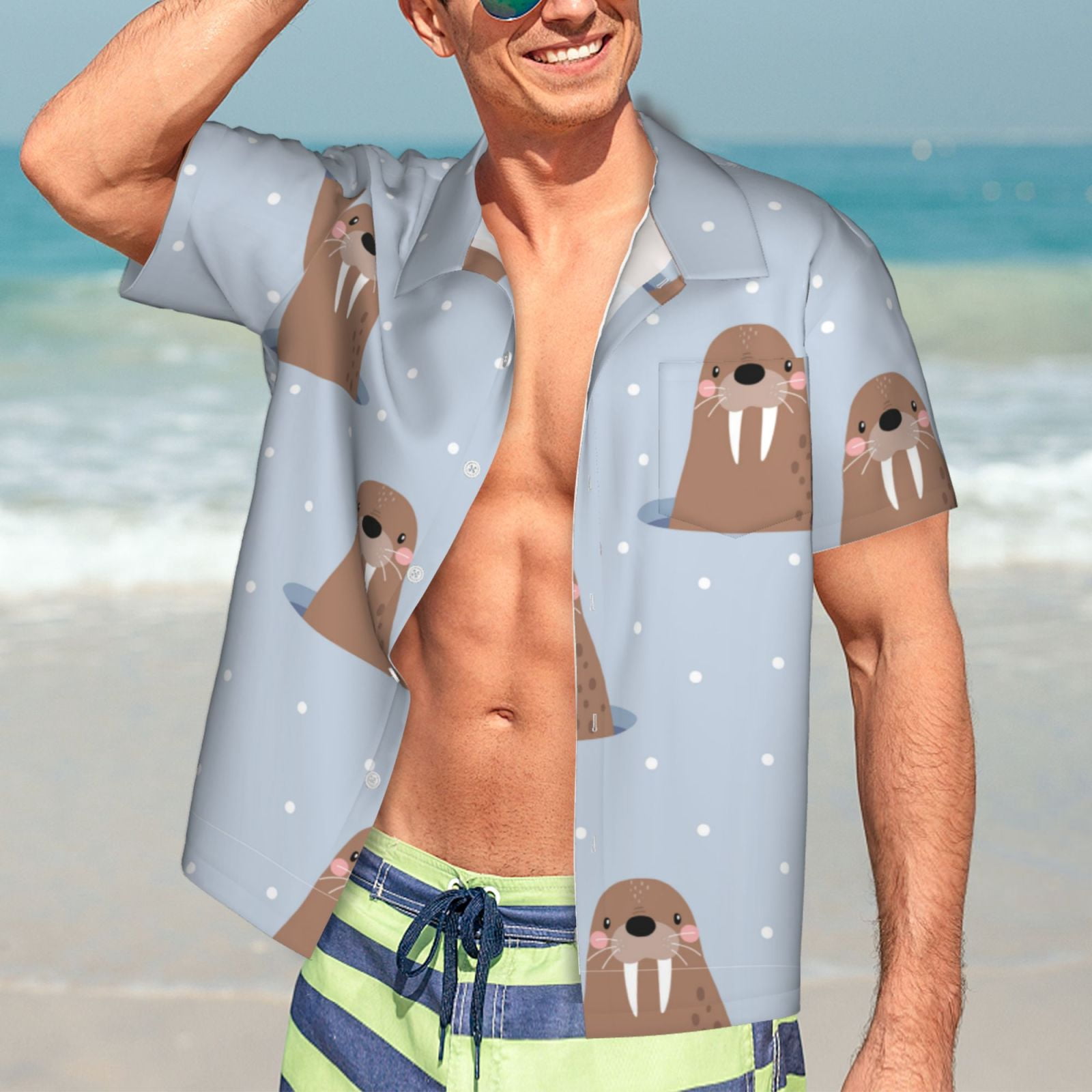 Logiee Playful Walrus Wonders Print Mens Hawaiian Shirts,Loose-Fit Short Sleeve Button Down Tropical Aloha Beach Shirt,Summer Vacation Wedding Tops,3X-Large