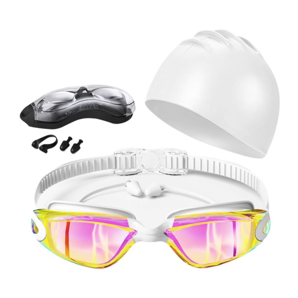 5x Gafas de natación y gorro con pinza nasal y tapones para los oídos, gafas de natación antivaho de visión amplia, de buceo para deportes acuáticos, Blanco