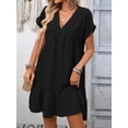 thumbnail image 4 of Women'S Short Sleeve V Neck Ruffle Hem Solid Swing Smock Dress Black XL, 4 of 9