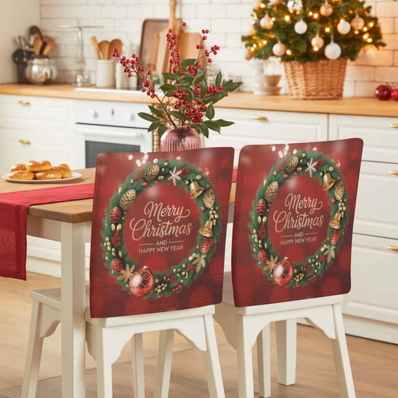 Merry Christmas Chair Back Covers Set of 6, Modern Pine Branch Ball Ribbon Wreath Stretch Dining Chair Back Slipcovers Removable Seat Cover for Kitchen Restaurant Hotel Cafe