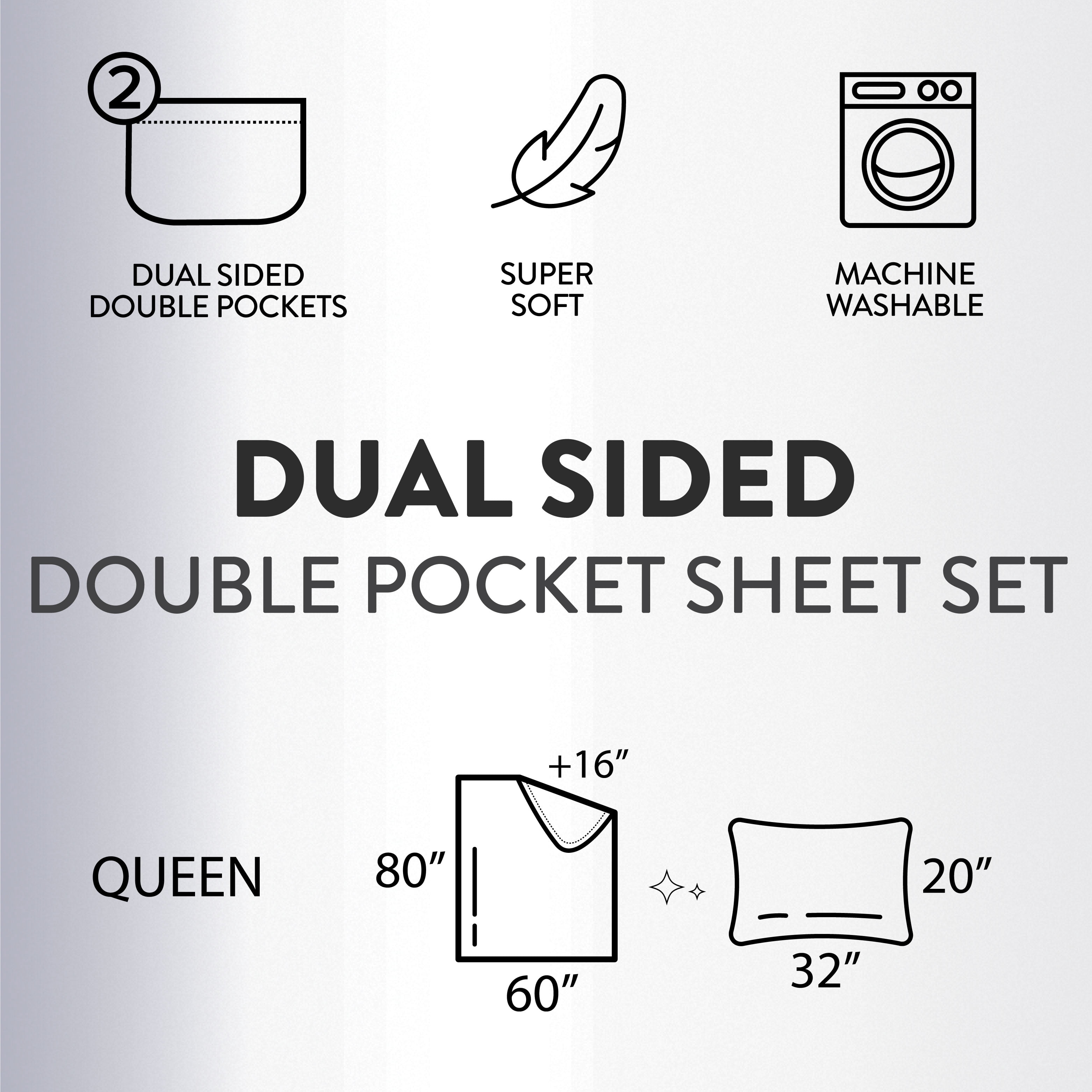 Urban Shop Double Sided Tech Pocket Fitted Sheet with Pillowcase, Queen, Grey
