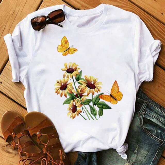 T-shirt Femme Imprimé Mode Fleur Papillon Manches Courtes Décontracté Haut Graphique