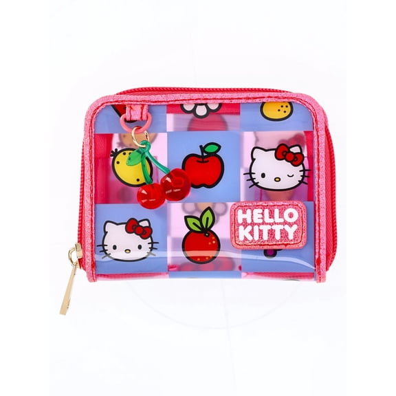 Sanrio Hello Kitty Women's Clear Checkered Wallet with Cherry Zipper Pull, Purple